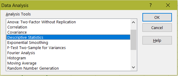 discription analysis toolpak excel 2016