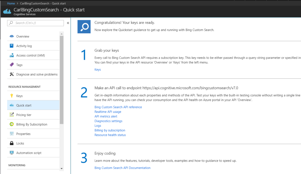 Getting a Bing Custom Search API Key in Azure Portal - Carl de Souza