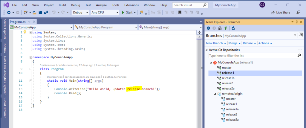 Switching Between GitHub Branches in Visual Studio - Carl de Souza