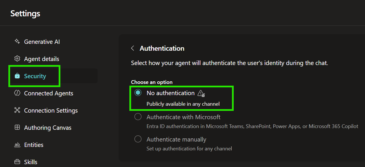Copilot Studio No authentication setting