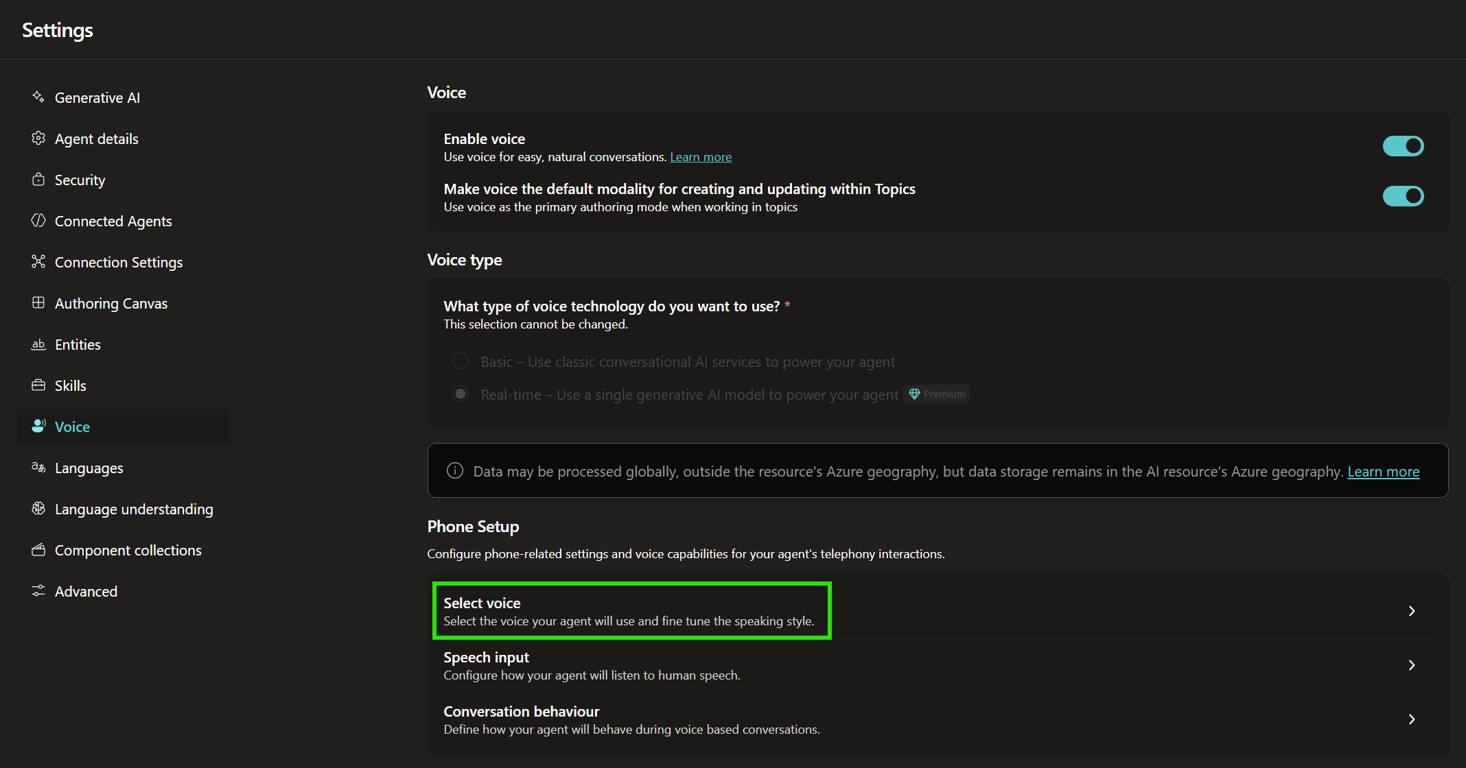 Copilot Studio voice settings