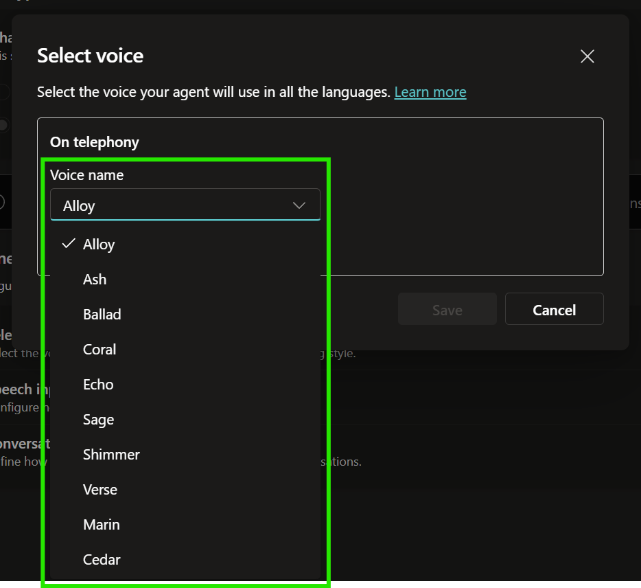 Copilot Studio realtime voice selection