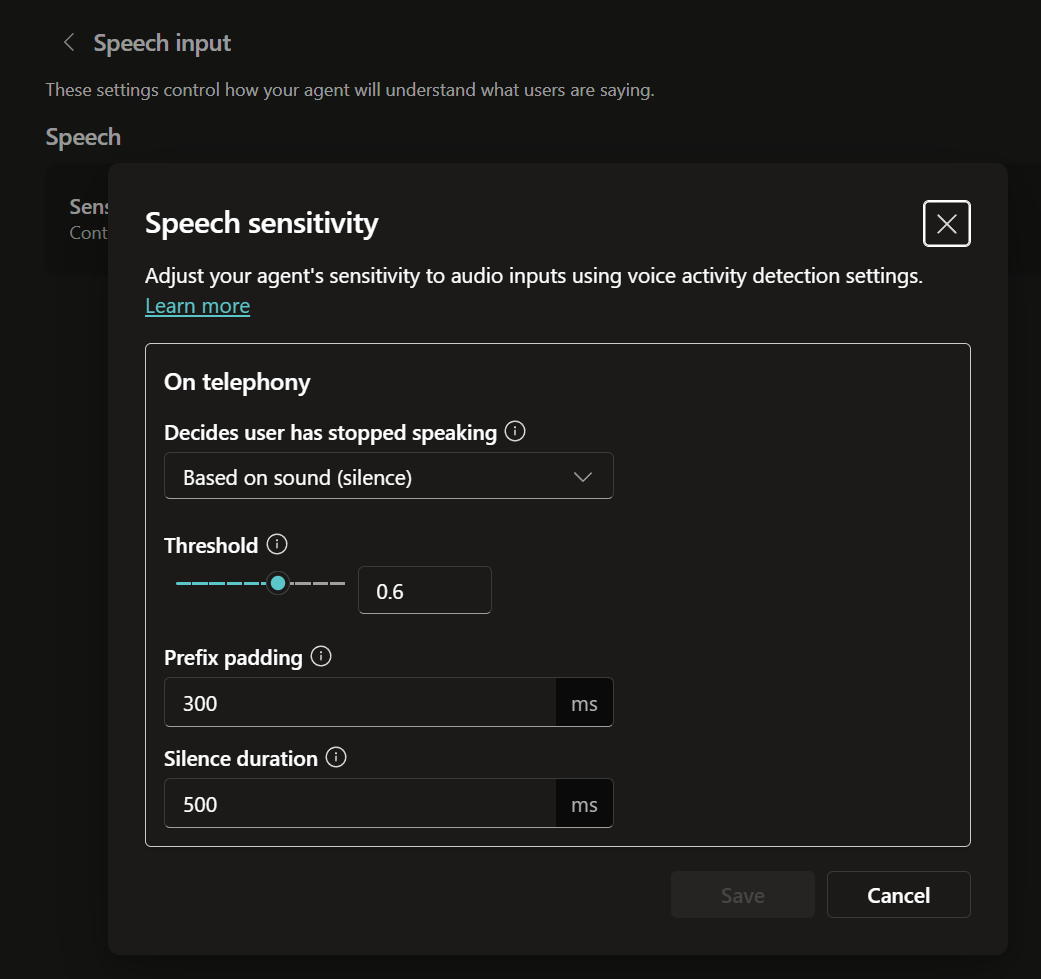 Copilot Studio speech sensitivity setting
