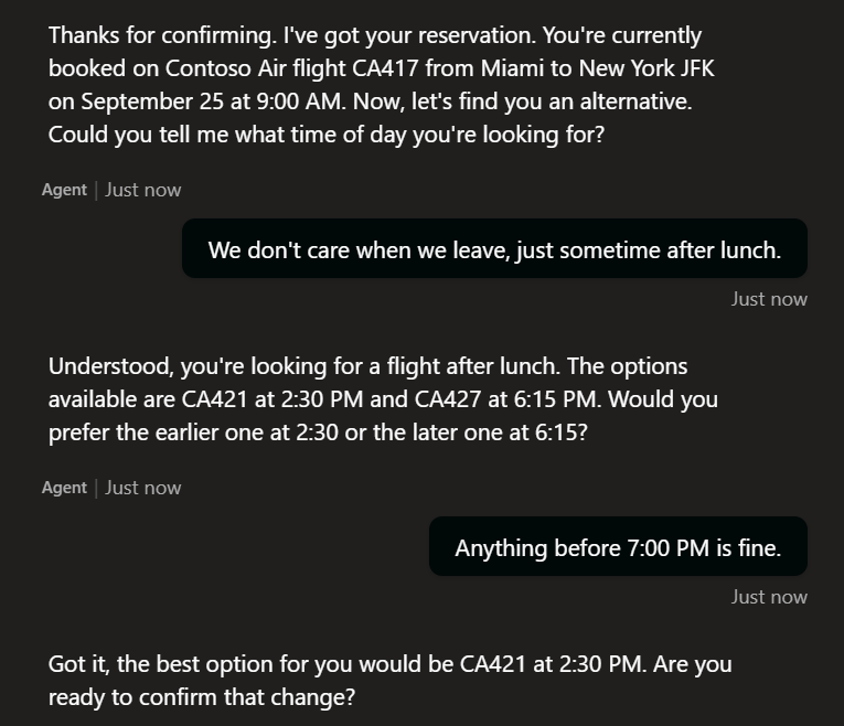 Testing natural flight preferences with the Contoso Air voice agent