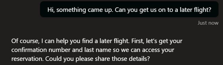 Testing a natural flight change request with the Contoso Air voice agent